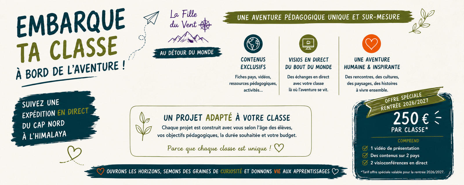 Bannière de présentation de Classe Nomade, un projet pédagogique immersif pour suivre une expédition en direct.